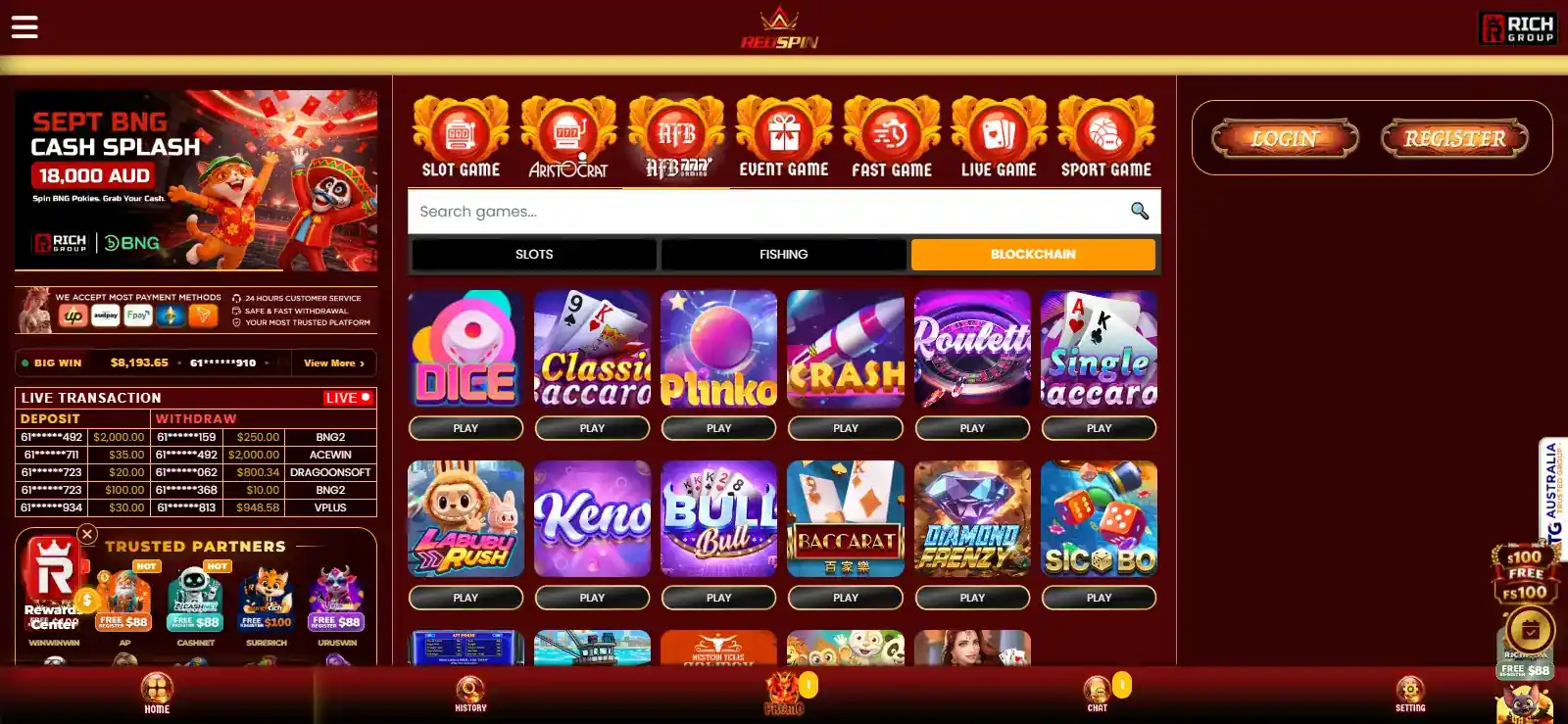 RedSpin game lobby with pokies and casino game categories visible